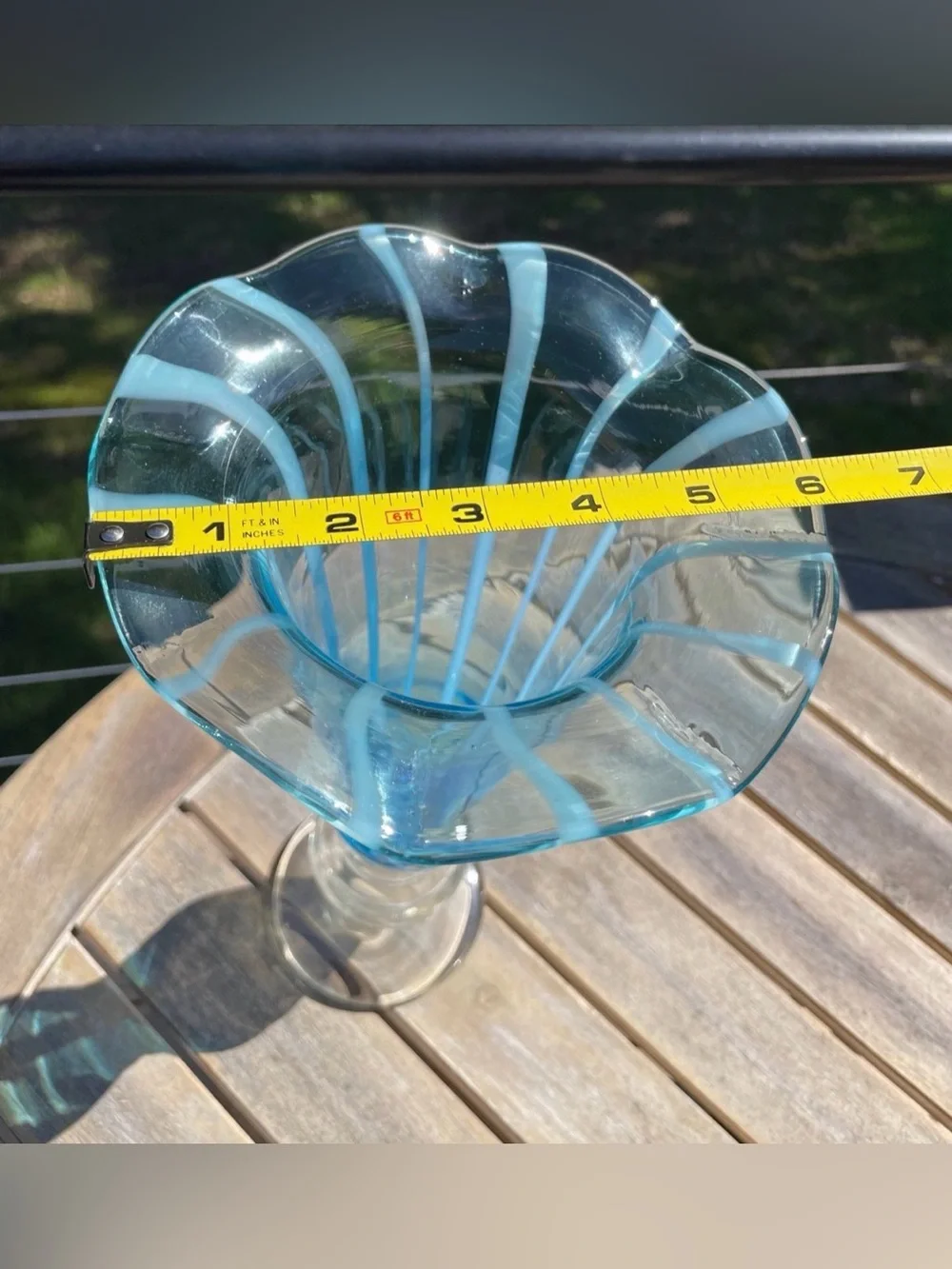 Vintage Art Glass Trumpet Vase Aqua Blue White Optic Ribbed Ruffled Footed